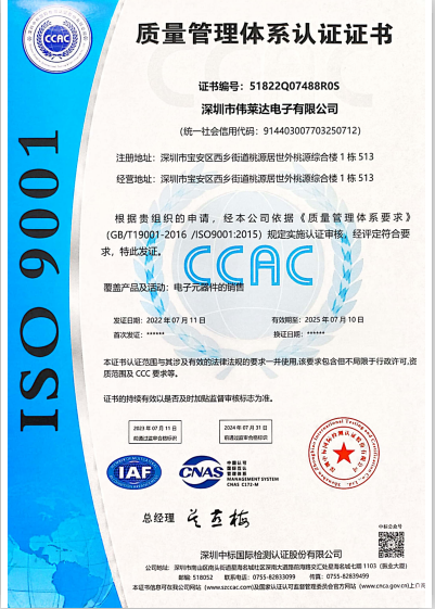 祝贺伟莱达电子成功通过ISO9001质量管理体系认证